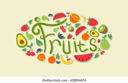 Fruits. letters in oval frame