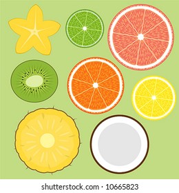 Fruits:  lime, grapefruit, kiwi, orange, lemon, pineapple, coconut.