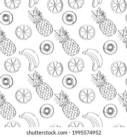 Fruits. Line art, seamless pattern.