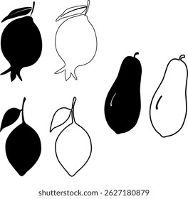 Fruits Line Art , silhouette vector, papaya, lemon, Pomegranate, set of fruits silhouette, 