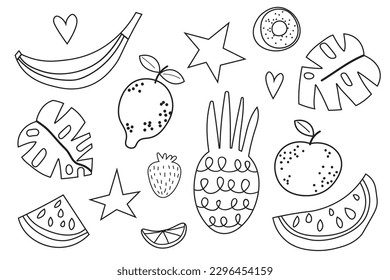 Fruits line collection set. Tropic, exotic summer doodle vegetarian minimalistic icons for website. Cartoon flat vector illustrations on white background EPS