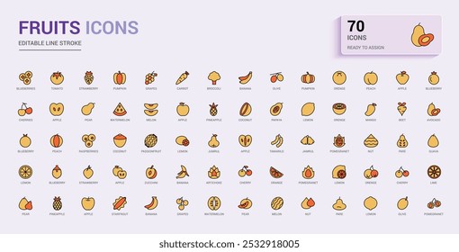 Fruits line colorful icons set, Collection of fruites and berries. Editable stroke. Pixel perfect line and filled color icon pack.