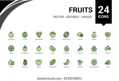 Fruits line colorful icons set, Collection of fruites and berries. Editable stroke. Pixel perfect line and filled color icon pack.