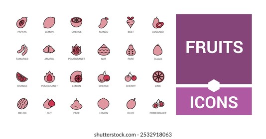 Fruits line colorful icons set, Collection of fruites and berries. Editable stroke. Pixel perfect line and filled color icon pack.