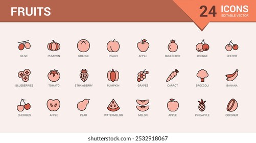 Fruits line colorful icons set, Collection of fruites and berries. Editable stroke. Pixel perfect line and filled color icon pack.