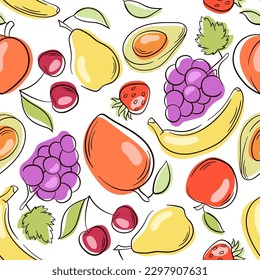 Fruits line doodle style pattern. Seamless pattern with hand drawn fruits and shapes on white background. Strawberry, pomegranate, mango, pear.