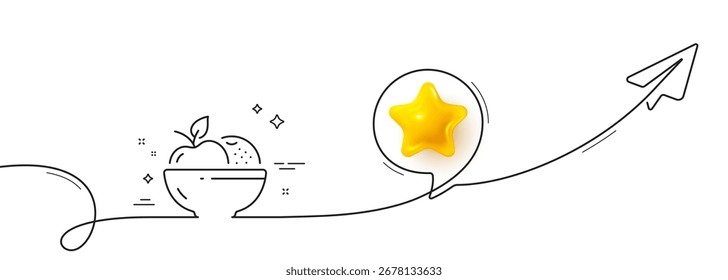 Fruits line icon. Continuous line with share plane. Vegetarian food sign. Apple and orange symbol. 3d star in speech bubble. Fruits single line ribbon. Loop curve pattern. Vector