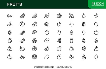 Fruits Line Icon Pack, Modern Collection. Fresh fruit line icon pack featuring modern, minimal, and professional outline symbols of popular fruits in a clean vector design style.