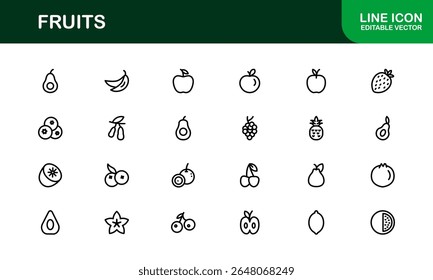 Paquete de iconos de línea de frutas, Colección moderna. Paquete de iconos de línea de fruta fresca con símbolos de contorno modernos, mínimos y profesionales de frutas populares en un estilo de diseño de Vector limpio.