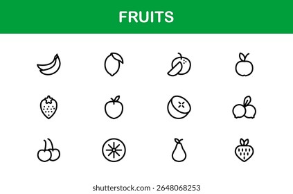 Fruits Line Icon Pack, coleção moderna. Pacote de ícone de linha de fruta fresca com símbolos de contorno modernos, mínimos e profissionais de frutas populares em um estilo de design vetorial limpo.