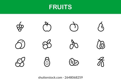 Fruits Line Icon Pack, moderne Kollektion. Ikonenpackung mit frischen Fruchtlinien mit modernen, minimalen und professionellen Umrisssymbolen beliebter Früchte in einem sauberen Vektordesign-Stil.