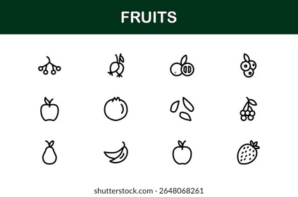 Fruits Line Icon Pack, coleção moderna. Pacote de ícone de linha de fruta fresca com símbolos de contorno modernos, mínimos e profissionais de frutas populares em um estilo de design vetorial limpo.