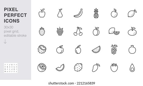 Symbol für die Fruchtlinie gesetzt. Kokosnuss, Pfirsich, Apfel, Erdbeere, Ananas, Melone, Granatapfel, Mango minimale Vektorgrafik. Einfaches Umrisszeichen für gesundes Essen. 30 x 30 Pixel perfekt, bearbeitbarer Stroke