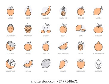 Fruits line icon set. Coconut, peach, pineapple, melon, pomegranate, mango, lime, mandarin minimal vector illustration. Simple outline sign for healthy food. Orange color, Editable Stroke