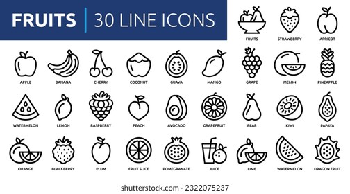 Fruits line icon set. Containing apple, banana, strawberry, cherry, lemon, coconut, peach, watermelon, raspberry, pineapple, orange juice and more. Outline icons collection. Vector illustration.