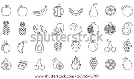 Fruits line icon set. Vector pictograms of banana, orange, strawberry, grapes, pineapple, mango, blueberry, raspberry, lime, kiwi, papaya, pomegranate, coconut, thin linear illustration