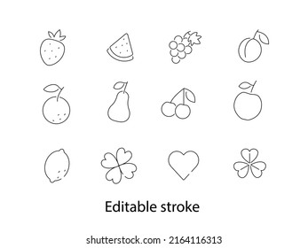 Fruits line icons collection. Slot machine signs set and clover. Healthy food shop items. Bingo and jackpot. Contour symbols pack. Editable stroke. Isolated vector stock illustration - Shutterstock ID 2164116313