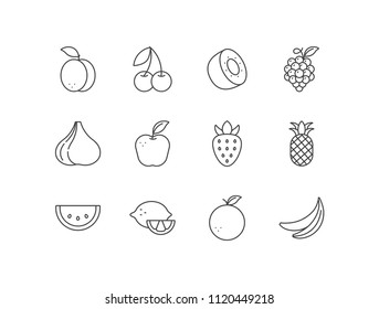 Fruits line icons set with apricot, cherry, kiwi, grape, fig, apple, strawberry, pineapple, melon, lemon, orange, banana.