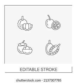 Los iconos de línea de frutas se establecen. Diferentes tipos de frutas tropicales. Nutrición equilibrada. Conceptos dietéticos. Ilustraciones vectoriales aisladas. Trazo editable
