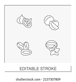 Fruits line icons set. Different types of tropical fruits. Lychee, figs, dates, carambola. Balanced nutrition. Diet concepts. Isolated vector illustrations. Editable stroke