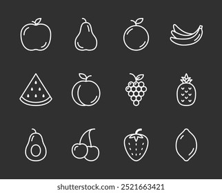 Fruits line icons set, editable stroke, dark background, vector eps10 illustration