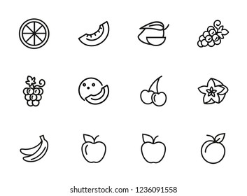Fruits line icons. Set of line icons on white background. Grapes, cherry, apple. Healthy food concept. Vector illustration can be used for topics like grocery, shop, market
