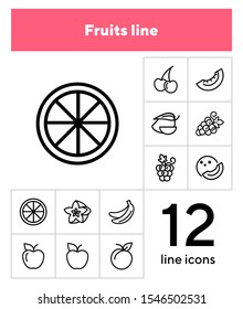 Fruits line icons. Set of line icons on white background. Grapes, cherry, apple. Healthy food concept. Vector illustration can be used for topics like grocery, shop, market