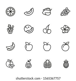 Fruits line icons. Set of line icons on white background. Grapes, cherry, apple. Healthy food concept. Vector illustration can be used for topics like grocery, shop, market