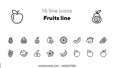 Fruits line icons. Set of line icons on white background. Grapes, cherry, apple. Healthy food concept. Vector illustration can be used for topics like grocery, shop, market