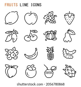 Fruits line icons,  Set of simple various fruits sign line icons, Cute cartoon line icons set, Vector illustration, Various fruits related line icons, Types of fruits 