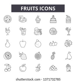 Fruits line icons, signs set, vector. Fruits outline concept, illustration: strawberry,orange,food,watermelon,lemon,pear,banana,apple