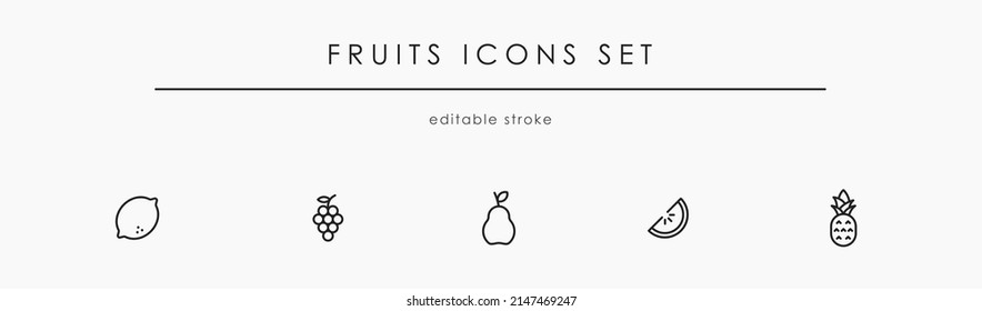 Fruits linear icon set. Lemon, grape, pear, melon, and pineapple vector icons collection