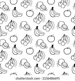 fruits linear patterns background banana, apple, lemon, cherry. Seamless pattern design