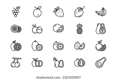 Fruits lines icon set. Fruits genres and attributes. Linear design. Lines with editable stroke. Isolated vector icons.