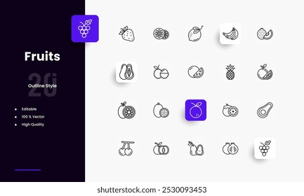 Conjunto de iconos de líneas de frutas. Frutas géneros y atributos. Diseño lineal. Líneas con trazo editable. Iconos aislados del vector.