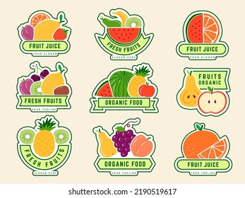 Fruits logo. Identity templates with different healthy juicy fruits and vegetables recent vector eco badges