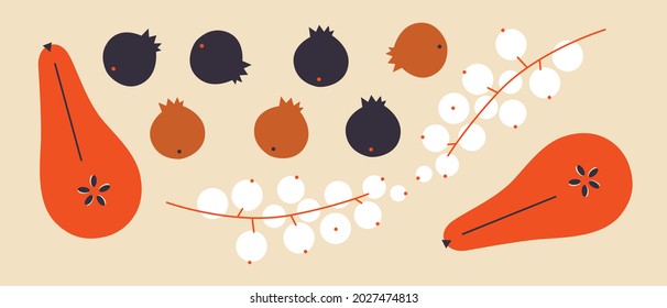 Fruits logo, pear, currant, berries illustration. Drawings for poster, card or background. Cartoon flat fruits illustration.  Isolated. EPS 10. Cartoon clip art.