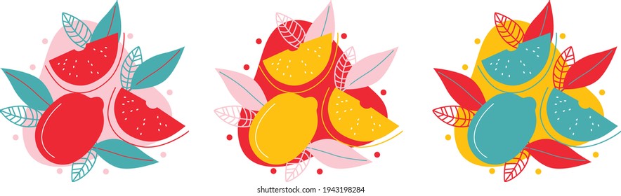 Fruits logo set for products, agricultural shops, packaging and advertising. Abstract flat stickers, emblems and labels for lemon fresh juice. Graphic design editable for your design.