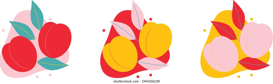 Fruits logo set for products, agricultural shops, packaging and advertising. Abstract flat stickers, emblems and labels for apricot fresh juice. Graphic design editable for your design.