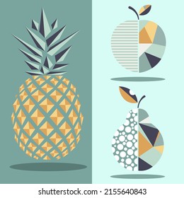 fruits in low poly style . Pineapple, apple, pear. Interesting fruit presentation