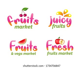 Fruits market lettering set. Juicy organic foods typography stickers. Fresh harvest isolated vector illustrations in flat style