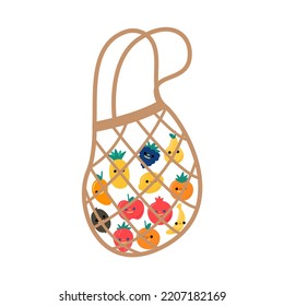 fruits in a mesh bag. Vector illustration with isolated objects. Cute eco-friendly hand-drawn packaging and zero waste concept.