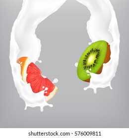 Fruits in milk splash. EPS10 vector