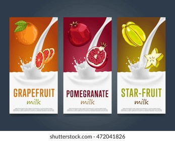 Fruits milkshake splash dessert cocktail drink with grapefruit, pomegranate, star fruit banners set vector illustration