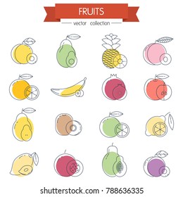 Fruits minimal thin line icons set with colorful shapes, vector illustration design elements