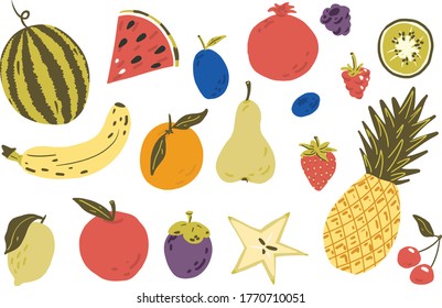 Fruits mix vector clipart set hand drawn childish flat style isolated on white background.