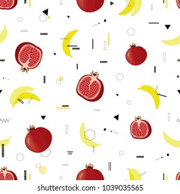 Fruits. Modern vector seamless pattern with pomegranates, bananas, tropical leaves and trendy geometric elements. All elements are  hidden under mask. Pattern are not cropped and can be edited.