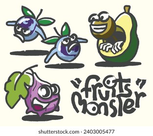 Fruits Monster Funny Character Crayon Vector Art