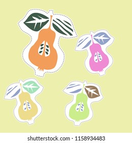 Fruits  motif, pear, half,dotted lines, labels, doodles,spots. Hand drawn.