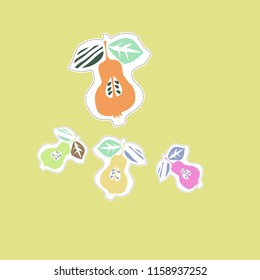 Fruits  motif, pear, half,dotted lines, labels, doodles,spots. Hand drawn.